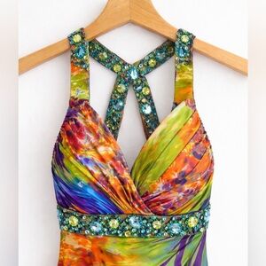 Niki by Niki Livas 100% Silk Y2K Beaded Gown – Halter Prom Gala Dress – XS